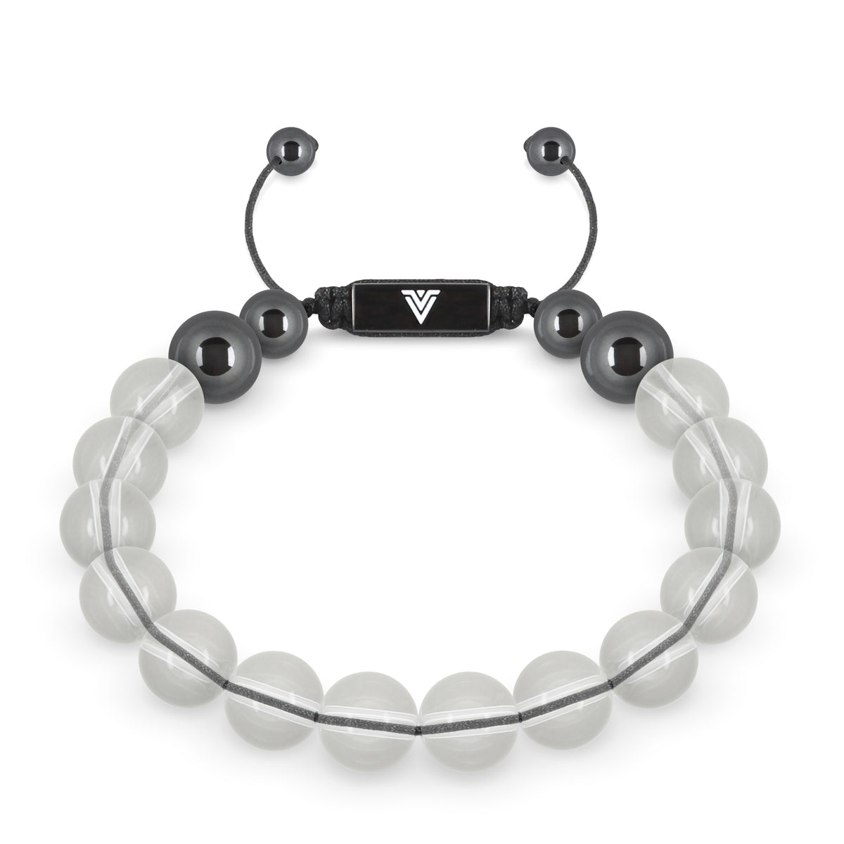 Front view of a 10mm Quartz crystal beaded shamballa bracelet with black stainless steel logo bead made by Voltlin