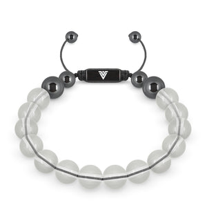 Front view of a 10mm Quartz crystal beaded shamballa bracelet with black stainless steel logo bead made by Voltlin
