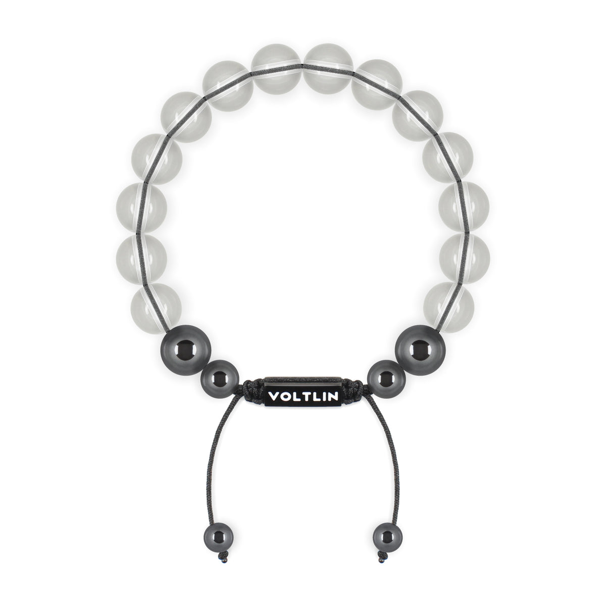 Top view of a 10mm Quartz crystal beaded shamballa bracelet with black stainless steel logo bead made by Voltlin