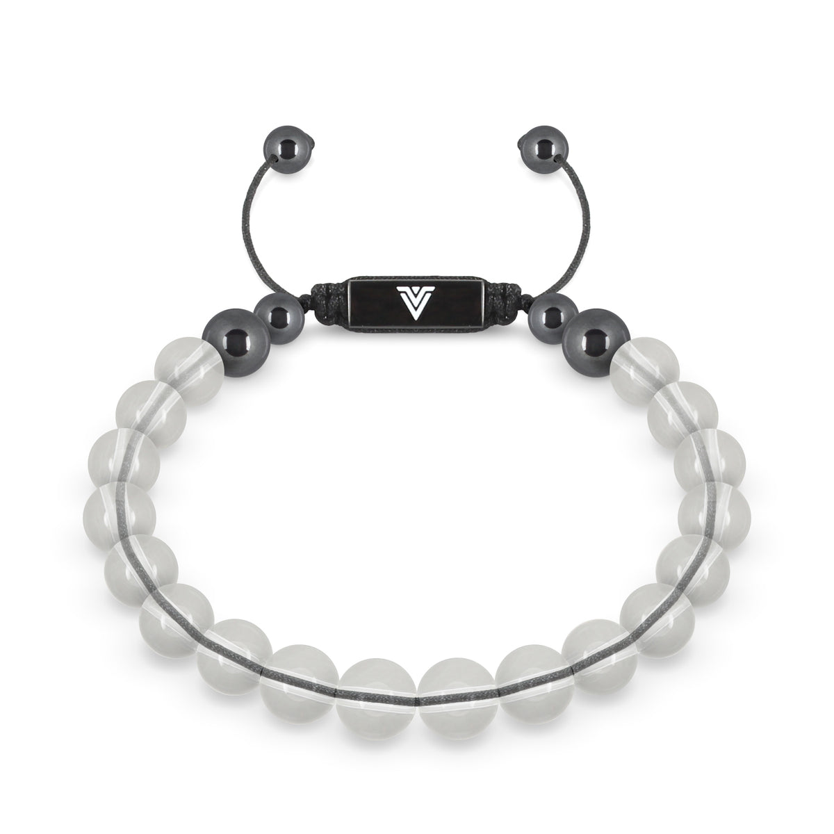 Front view of an 8mm Quartz crystal beaded shamballa bracelet with black stainless steel logo bead made by Voltlin