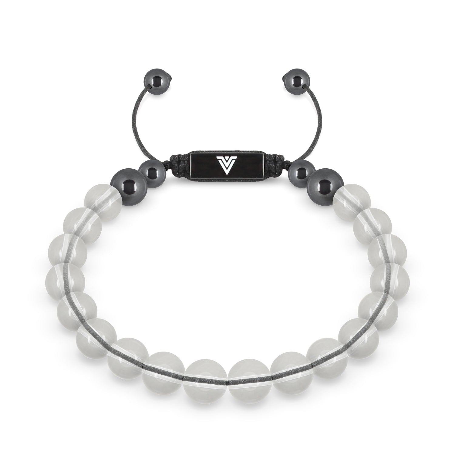 Front view of an 8mm Quartz crystal beaded shamballa bracelet with black stainless steel logo bead made by Voltlin