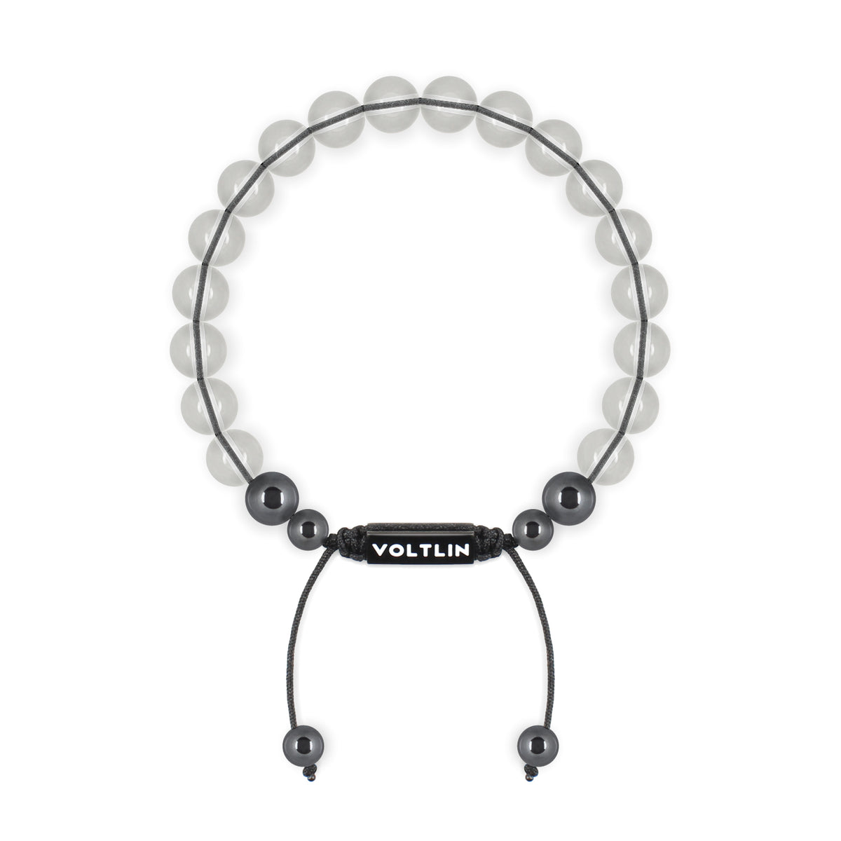 Top view of an 8mm Quartz crystal beaded shamballa bracelet with black stainless steel logo bead made by Voltlin