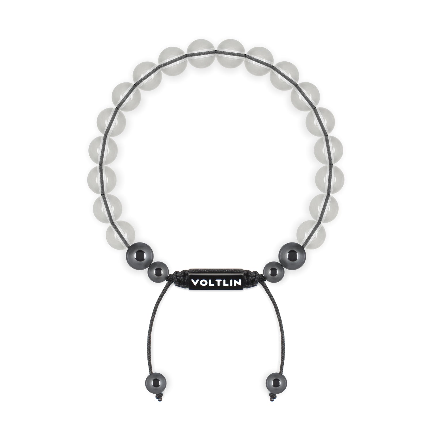 Top view of an 8mm Quartz crystal beaded shamballa bracelet with black stainless steel logo bead made by Voltlin