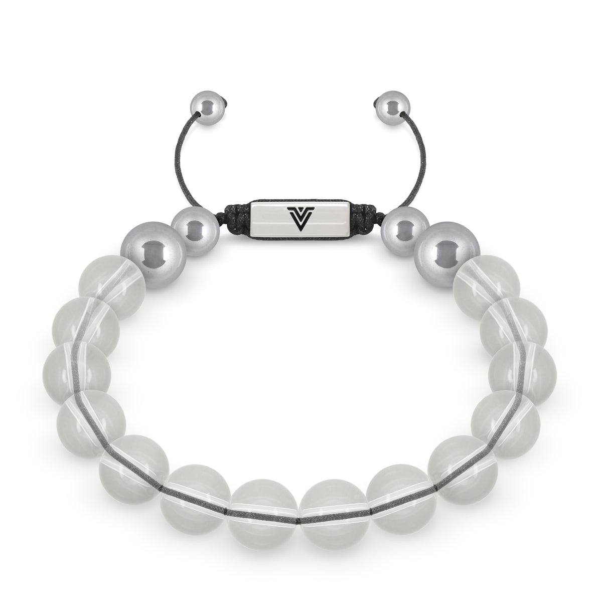 Front view of a 10mm Quartz beaded shamballa bracelet with silver stainless steel logo bead made by Voltlin