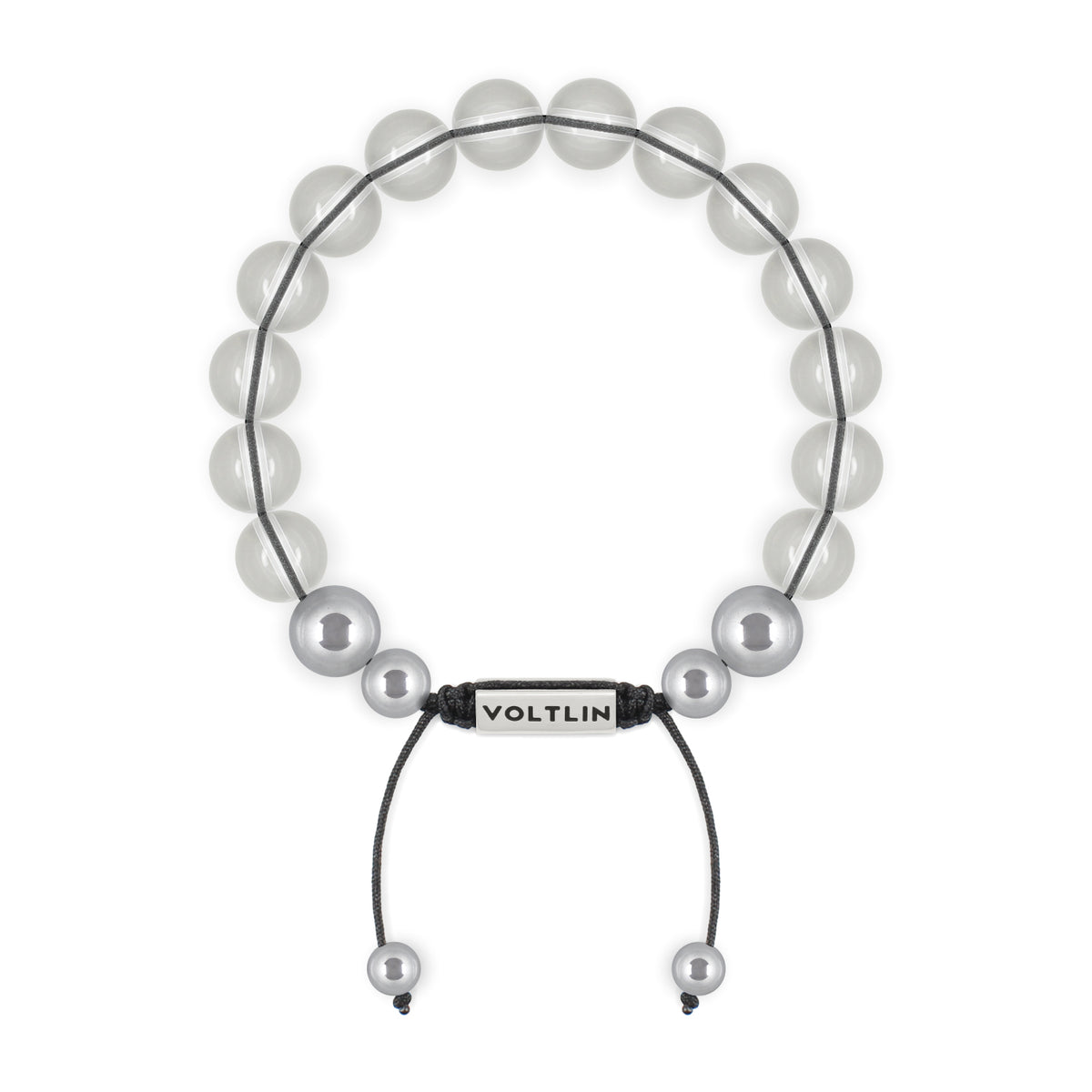 Top view of a 10mm Quartz beaded shamballa bracelet with silver stainless steel logo bead made by Voltlin