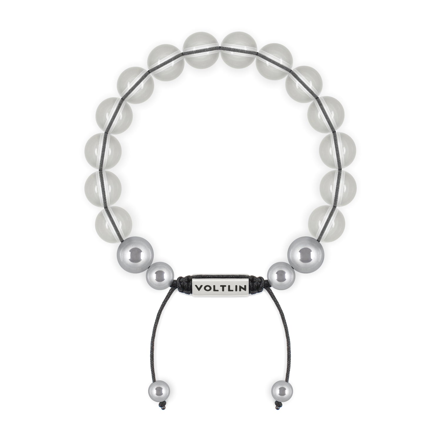 Top view of a 10mm Quartz beaded shamballa bracelet with silver stainless steel logo bead made by Voltlin