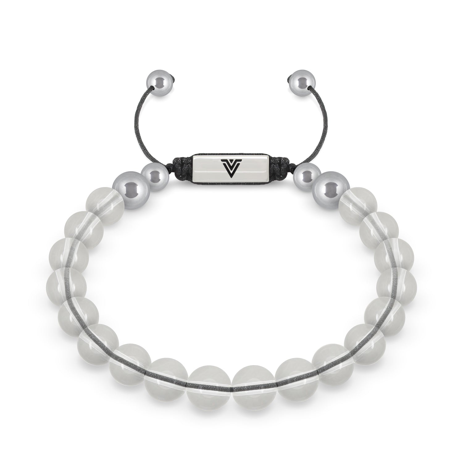 Front view of an 8mm Quartz beaded shamballa bracelet with silver stainless steel logo bead made by Voltlin