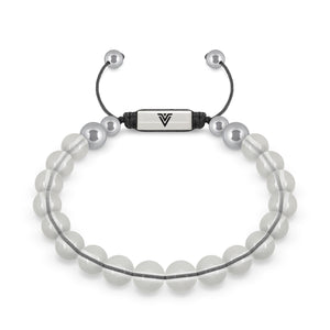 Front view of an 8mm Quartz beaded shamballa bracelet with silver stainless steel logo bead made by Voltlin