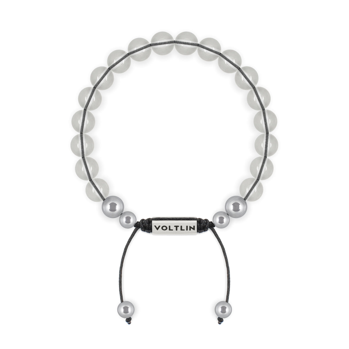 Top view of an 8mm Quartz beaded shamballa bracelet with silver stainless steel logo bead made by Voltlin