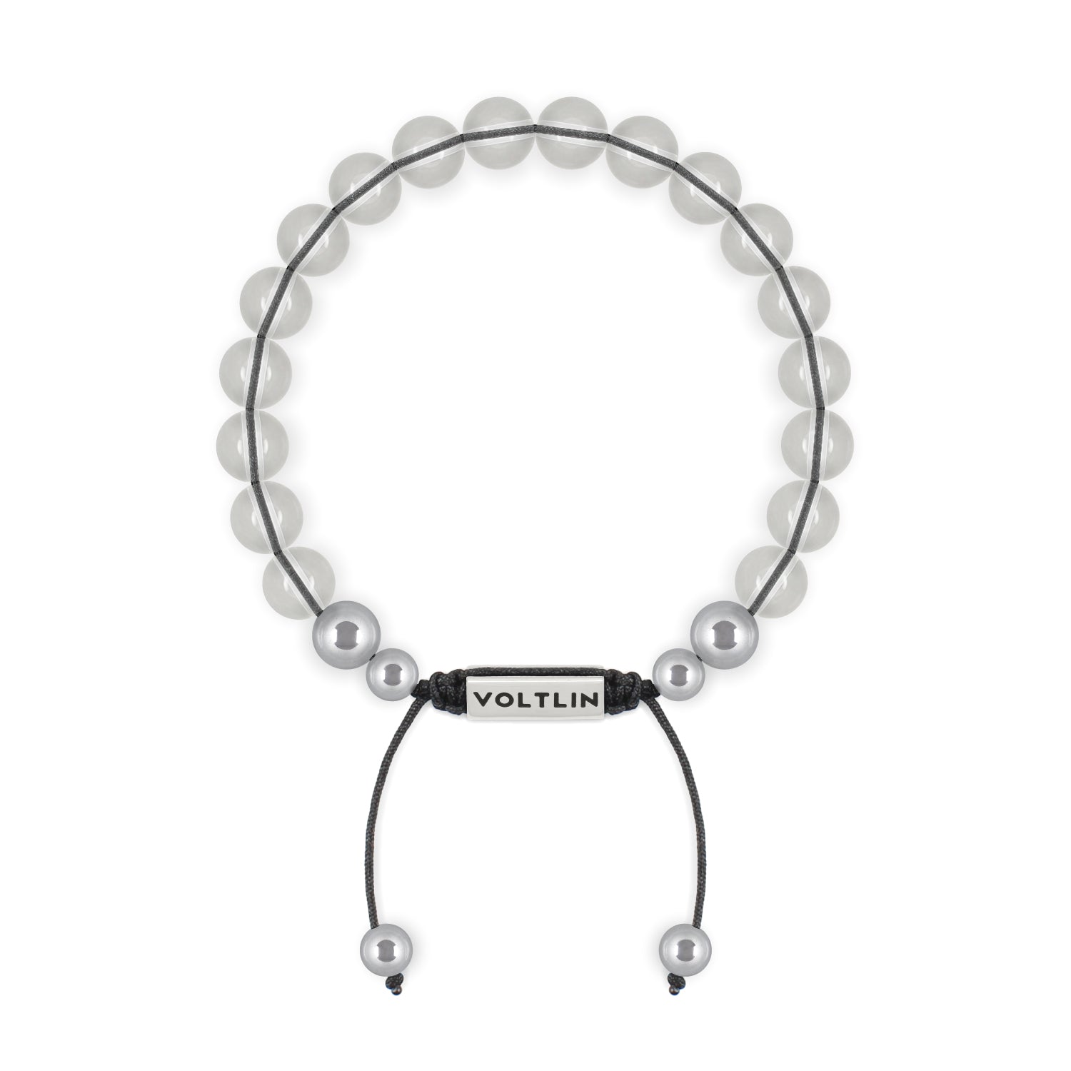 Front view of an 8mm Quartz beaded shamballa bracelet with silver stainless steel logo bead made by Voltlin