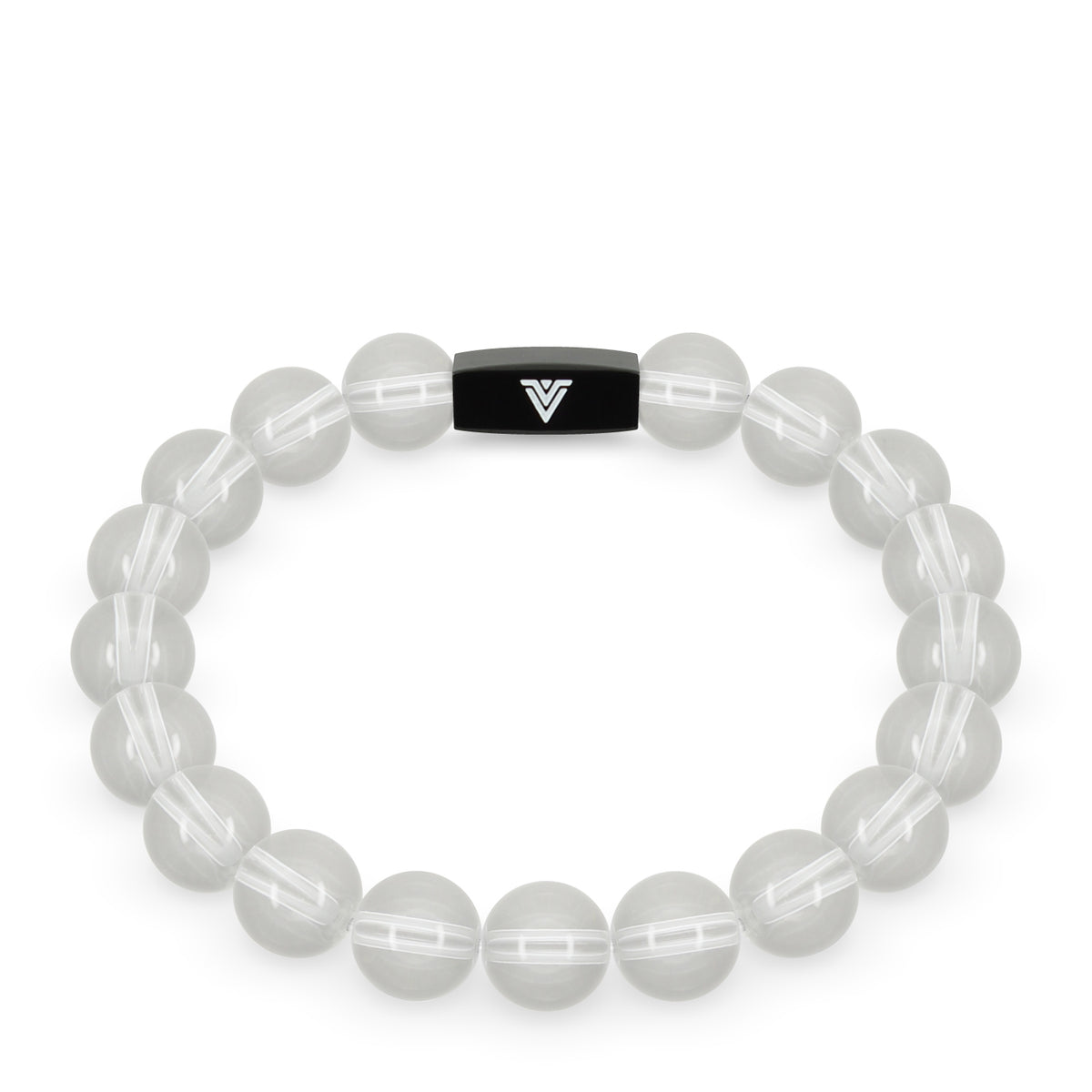 Front view of a 10mm Quartz crystal beaded stretch bracelet with black stainless steel logo bead made by Voltlin