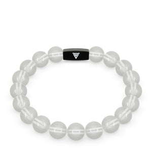 Front view of a 10mm Quartz crystal beaded stretch bracelet with black stainless steel logo bead made by Voltlin