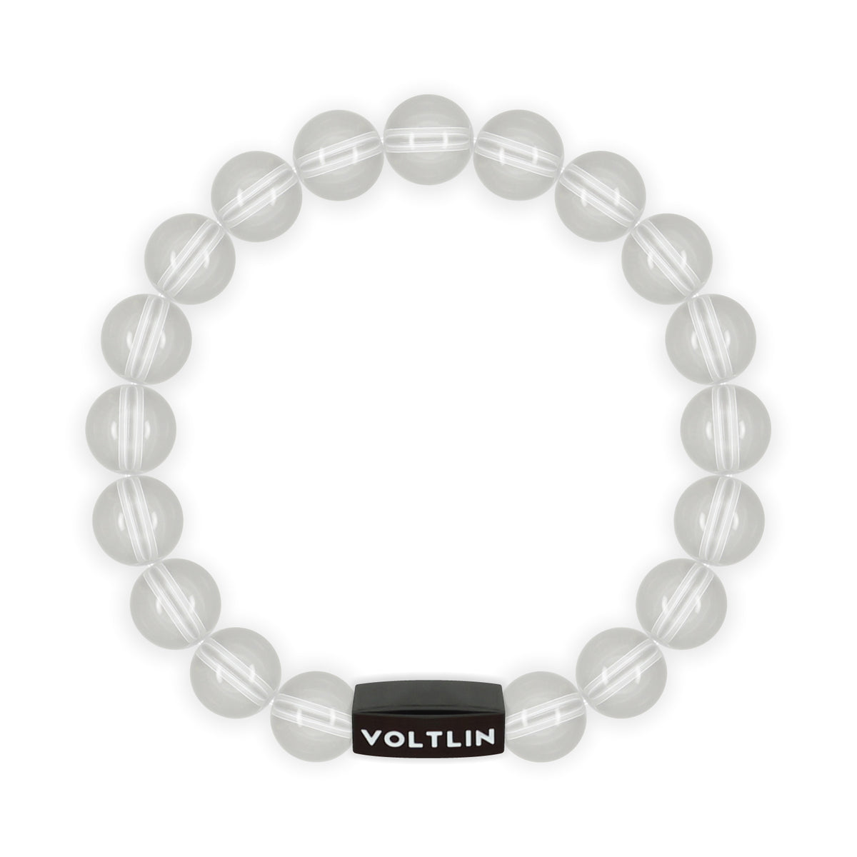 Top view of a 10mm Quartz crystal beaded stretch bracelet with black stainless steel logo bead made by Voltlin