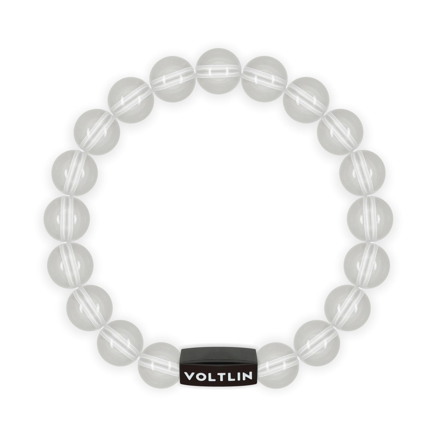 Top view of a 10mm Quartz crystal beaded stretch bracelet with black stainless steel logo bead made by Voltlin