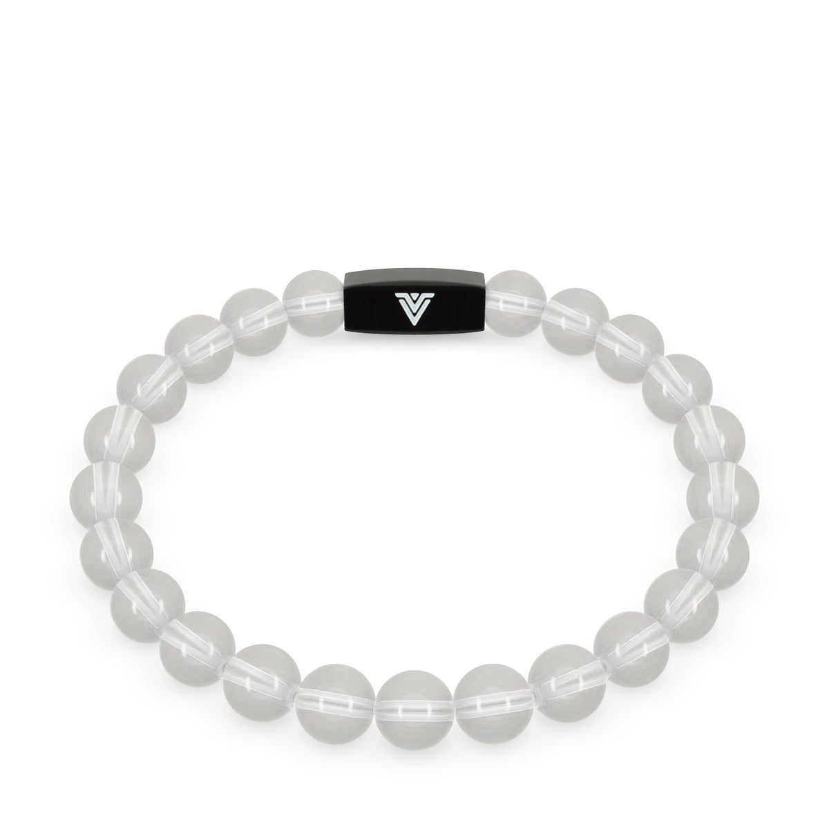 Front view of an 8mm Quartz crystal beaded stretch bracelet with black stainless steel logo bead made by Voltlin