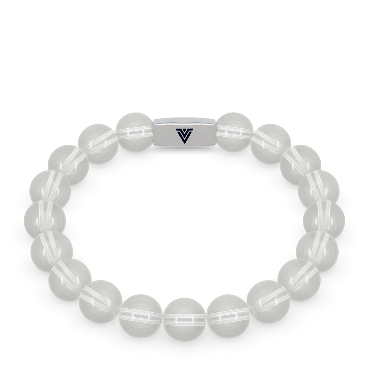 Front view of a 10mm Quartz beaded stretch bracelet with silver stainless steel logo bead made by Voltlin