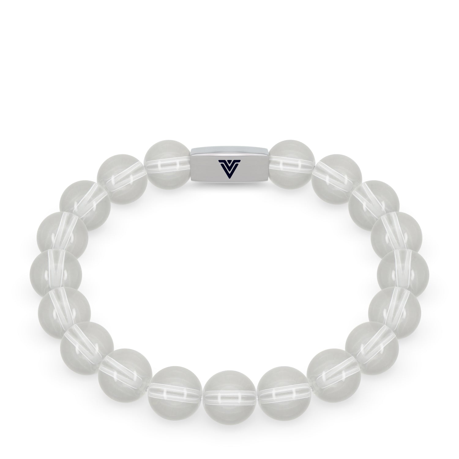 Front view of a 10mm Quartz beaded stretch bracelet with silver stainless steel logo bead made by Voltlin