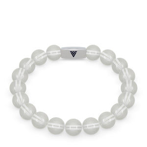 Front view of a 10mm Quartz beaded stretch bracelet with silver stainless steel logo bead made by Voltlin