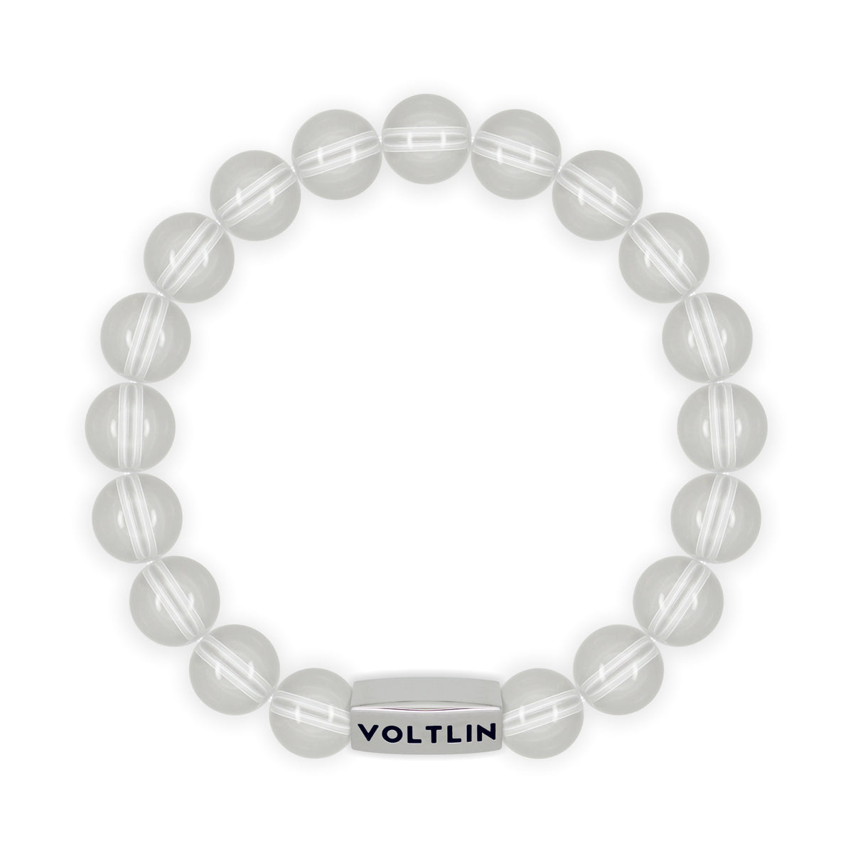 Top view of a 10mm Quartz beaded stretch bracelet with silver stainless steel logo bead made by Voltlin
