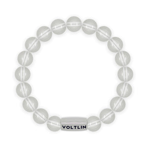 Top view of a 10mm Quartz beaded stretch bracelet with silver stainless steel logo bead made by Voltlin
