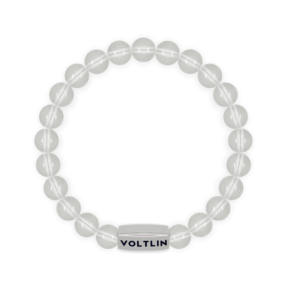 Top view of an 8mm Quartz beaded stretch bracelet with silver stainless steel logo bead made by Voltlin