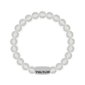 Top view of an 8mm Quartz beaded stretch bracelet with silver stainless steel logo bead made by Voltlin