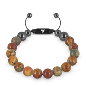 Front view of a 10mm Red Creek Jasper crystal beaded shamballa bracelet with black stainless steel logo bead made by Voltlin
