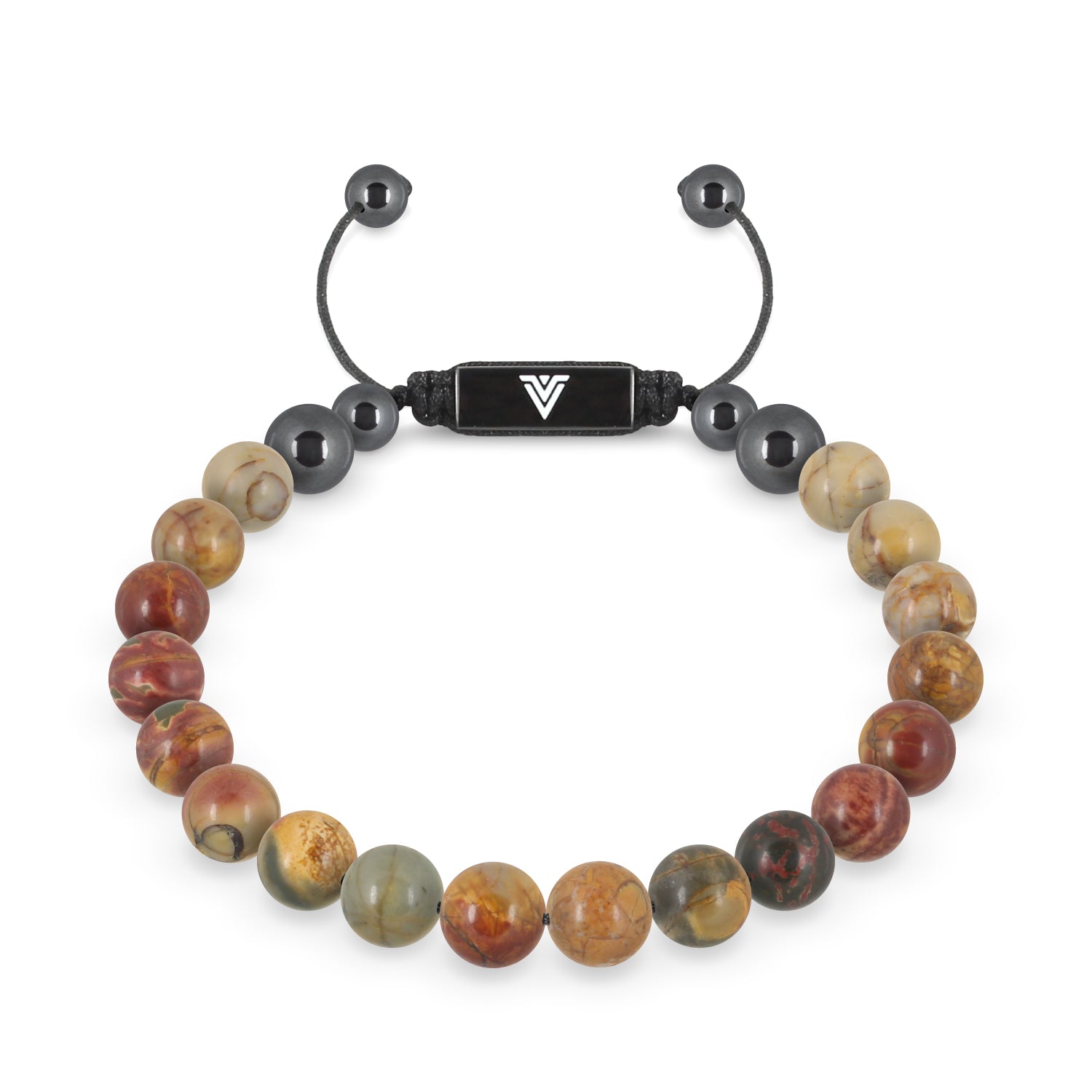 Front view of an 8mm Red Creek Jasper crystal beaded shamballa bracelet with black stainless steel logo bead made by Voltlin