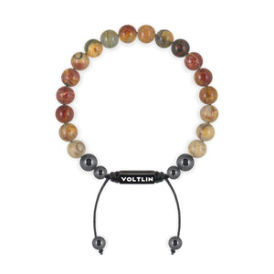 Top view of an 8mm Red Creek Jasper crystal beaded shamballa bracelet with black stainless steel logo bead made by Voltlin