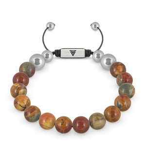 Front view of a 10mm Red Creek Jasper beaded shamballa bracelet with silver stainless steel logo bead made by Voltlin
