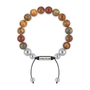 Top view of a 10mm Red Creek Jasper beaded shamballa bracelet with silver stainless steel logo bead made by Voltlin