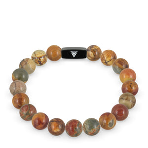 Front view of a 10mm Red Creek Jasper crystal beaded stretch bracelet with black stainless steel logo bead made by Voltlin