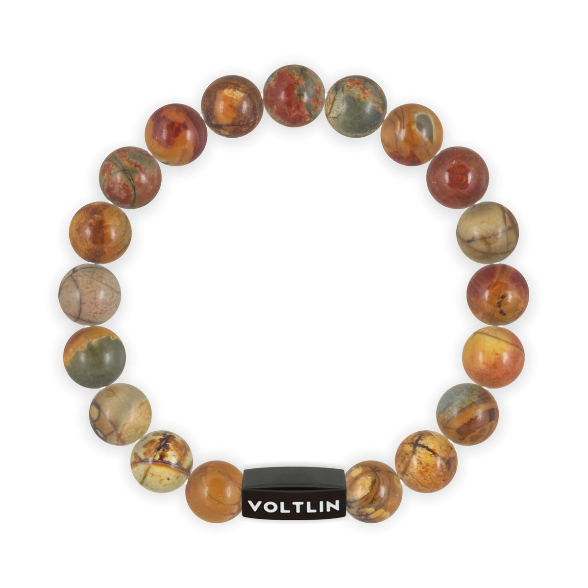 Top view of a 10mm Red Creek Jasper crystal beaded stretch bracelet with black stainless steel logo bead made by Voltlin