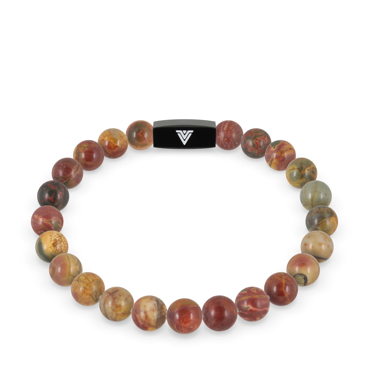 Front view of an 8mm Red Creek Jasper crystal beaded stretch bracelet with black stainless steel logo bead made by Voltlin