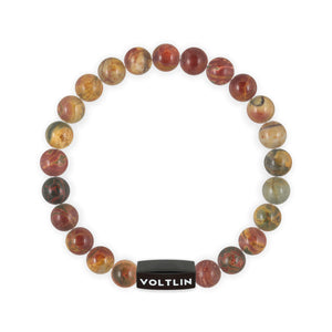 Top view of an 8mm Red Creek Jasper crystal beaded stretch bracelet with black stainless steel logo bead made by Voltlin