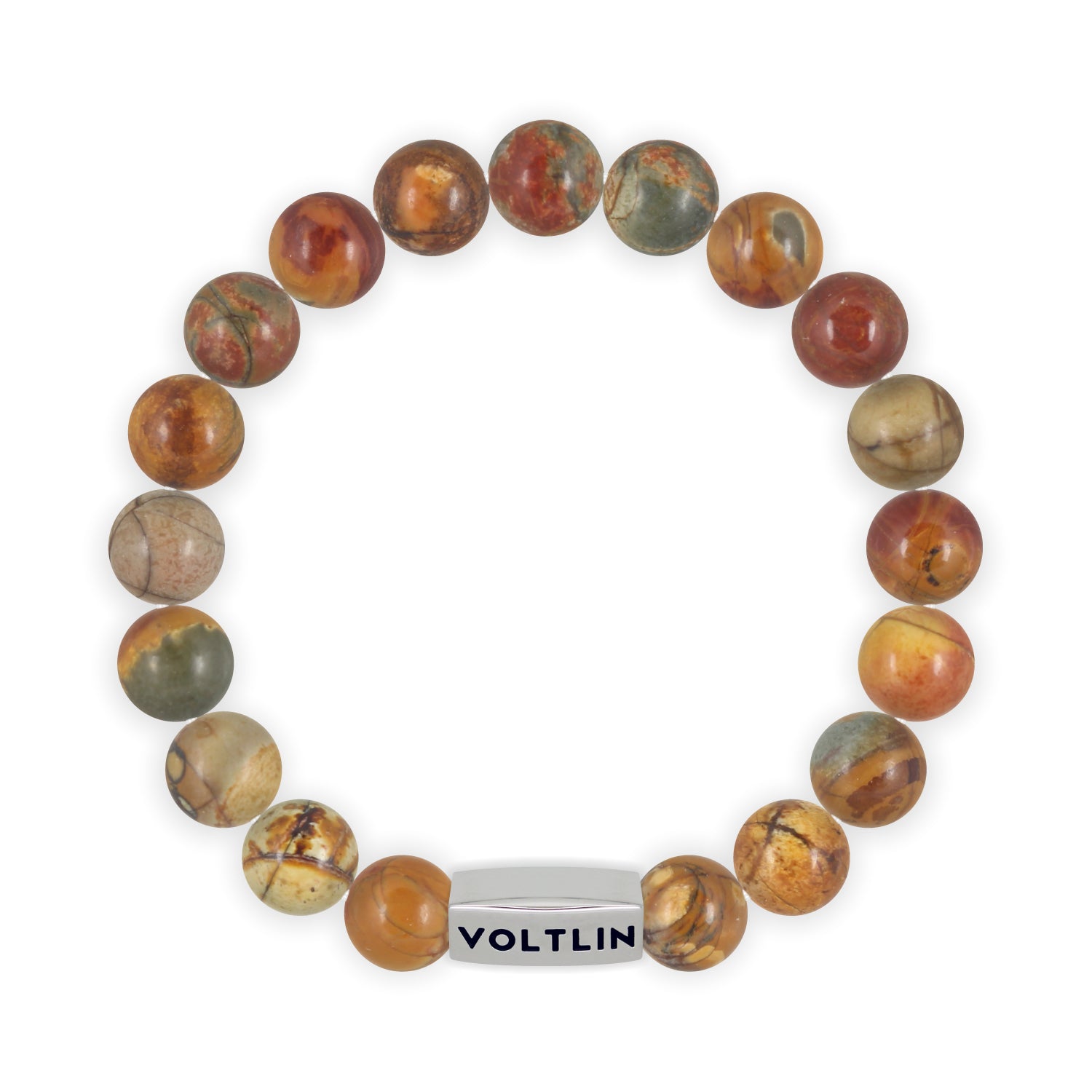 Top view of a 10mm Red Creek Jasper beaded stretch bracelet with silver stainless steel logo bead made by Voltlin