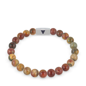 Front view of an 8mm Red Creek Jasper beaded stretch bracelet with silver stainless steel logo bead made by Voltlin