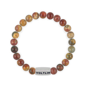 Top view of an 8mm Red Creek Jasper beaded stretch bracelet with silver stainless steel logo bead made by Voltlin