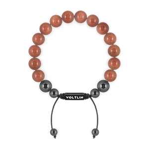 Top view of a 10mm Red Goldstone crystal beaded shamballa bracelet with black stainless steel logo bead made by Voltlin