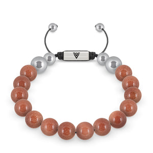 Front view of a 10mm Red Goldstone beaded shamballa bracelet with silver stainless steel logo bead made by Voltlin