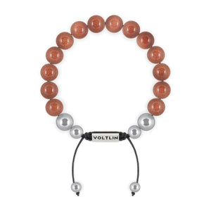 Top view of a 10mm Red Goldstone beaded shamballa bracelet with silver stainless steel logo bead made by Voltlin