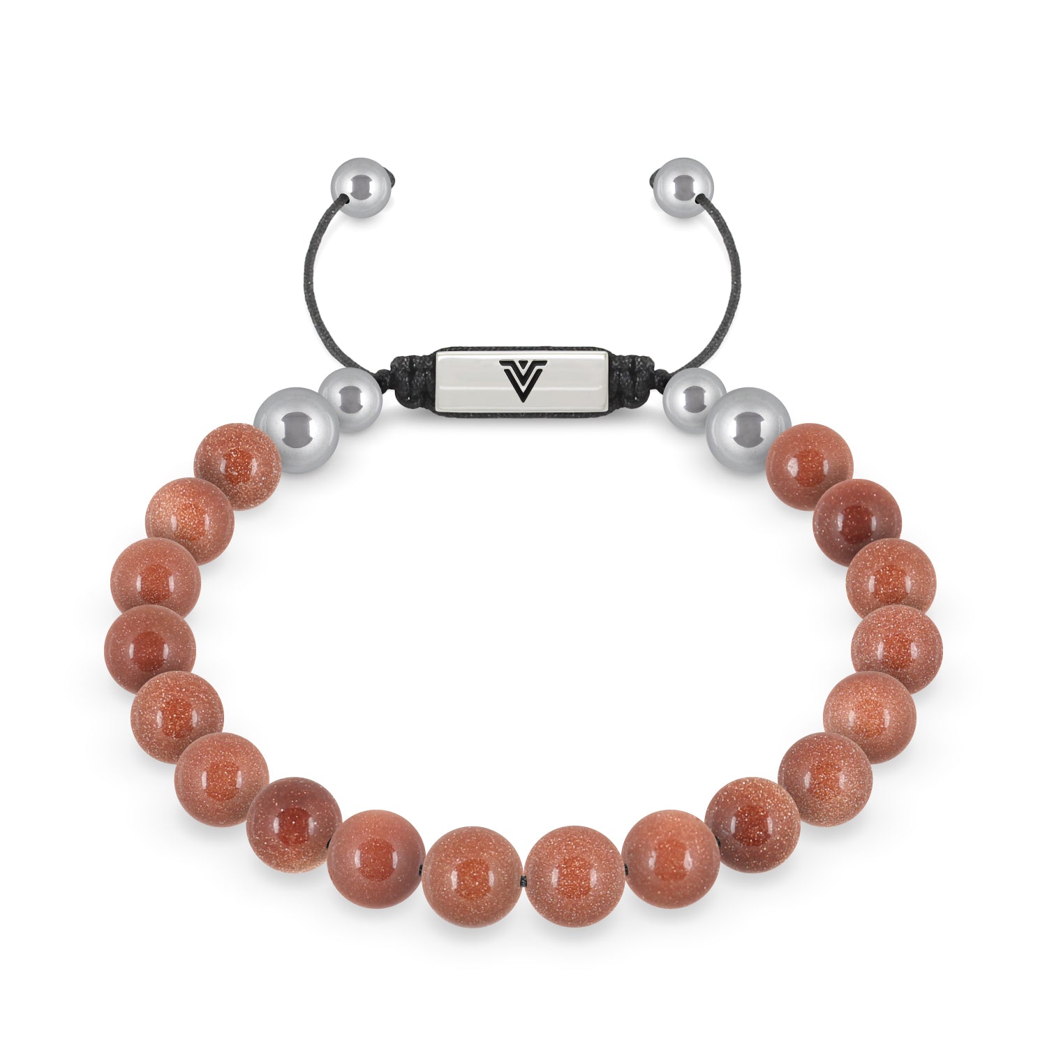 Front view of an 8mm Red Goldstone beaded shamballa bracelet with silver stainless steel logo bead made by Voltlin