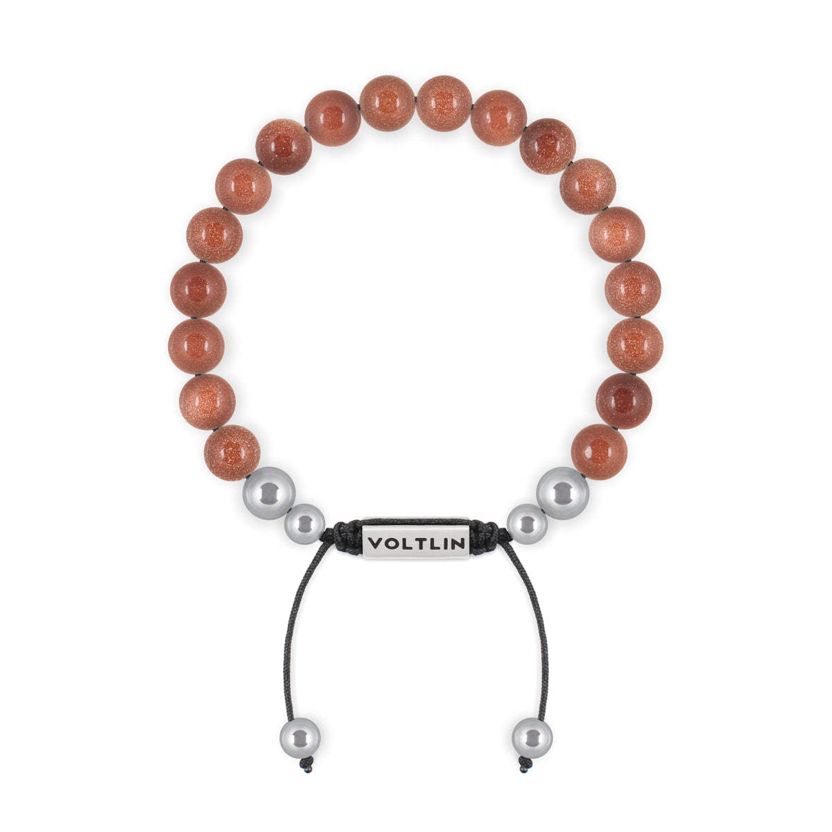 Top view of an 8mm Red Goldstone beaded shamballa bracelet with silver stainless steel logo bead made by Voltlin