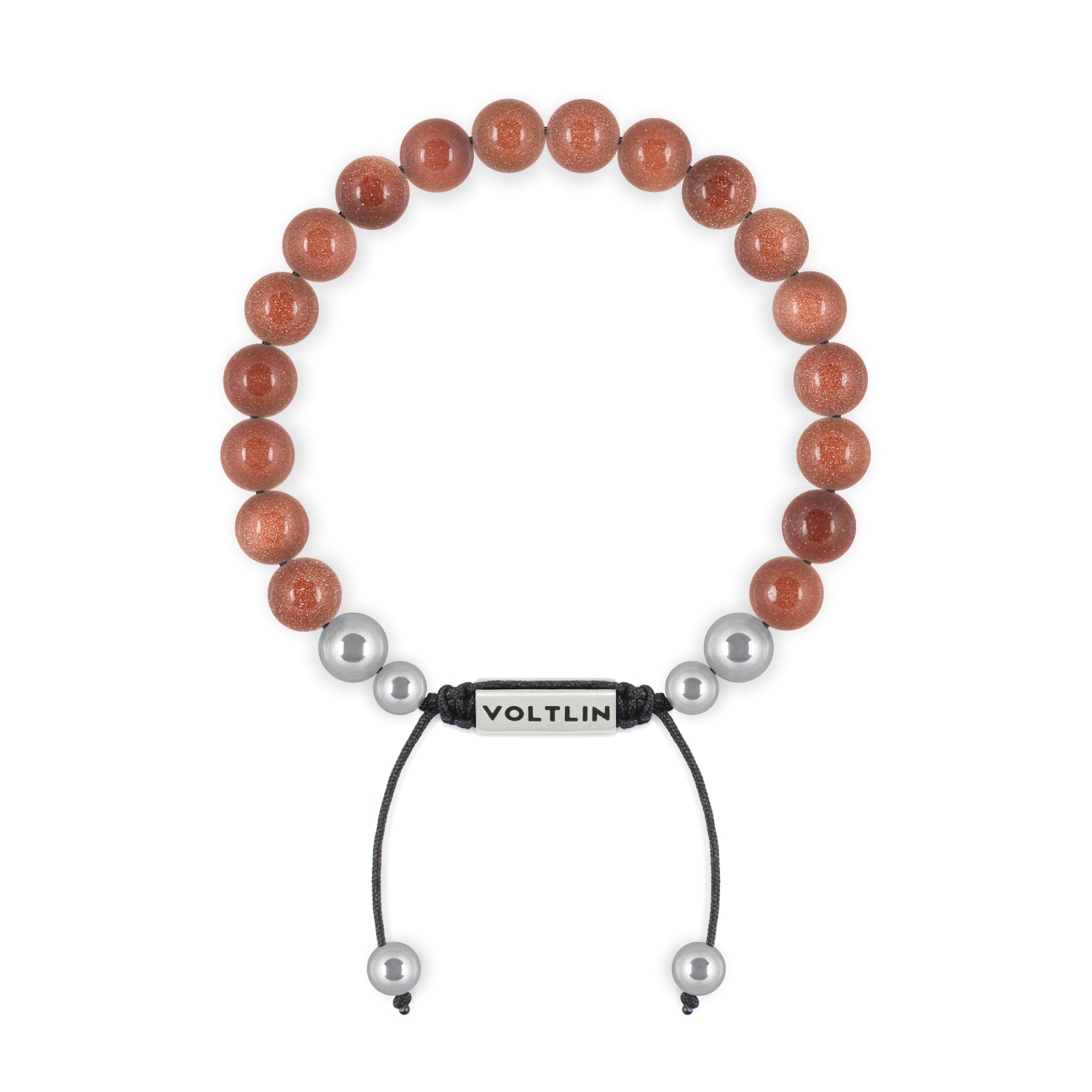 Front view of an 8mm Red Goldstone beaded shamballa bracelet with silver stainless steel logo bead made by Voltlin