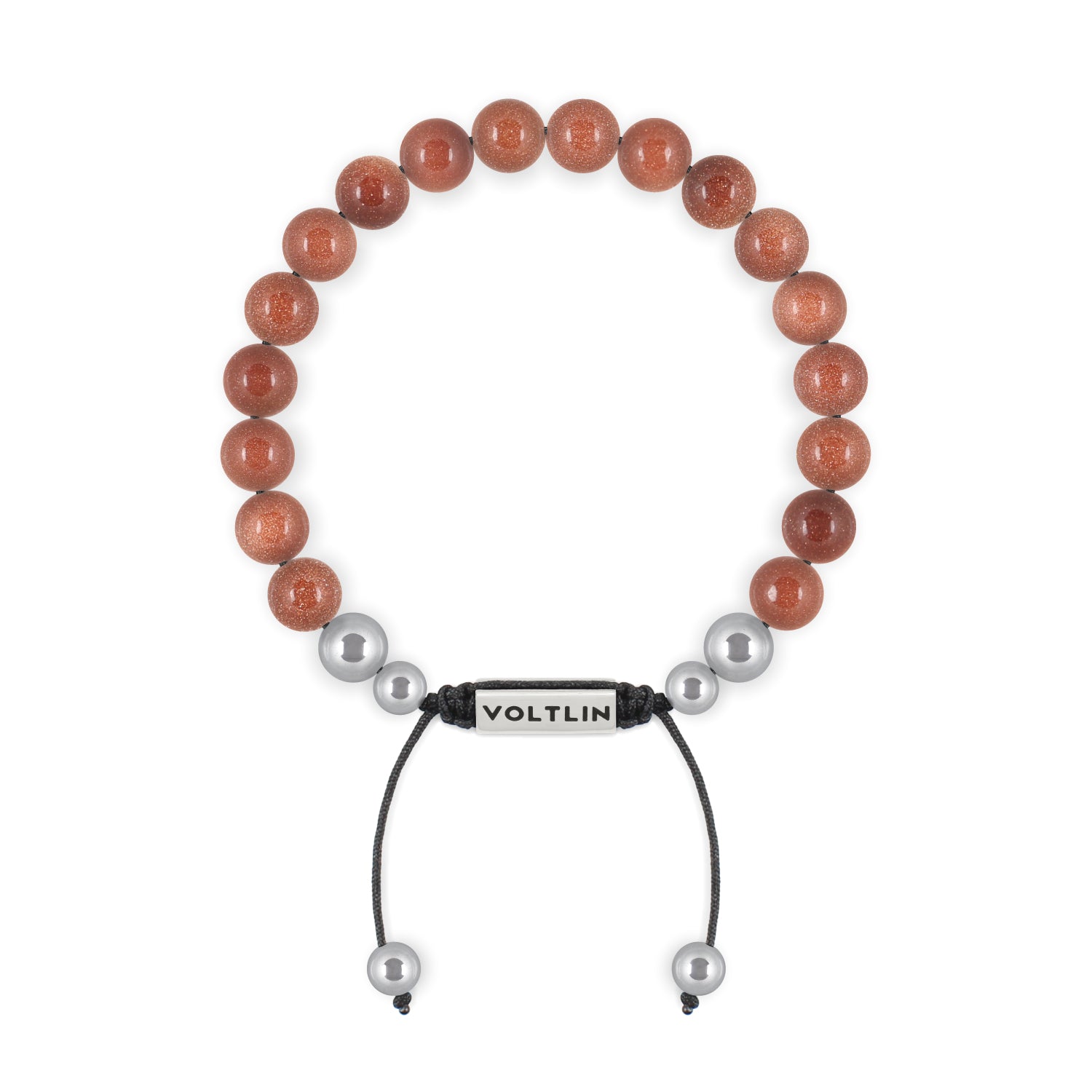 Front view of an 8mm Red Goldstone beaded shamballa bracelet with silver stainless steel logo bead made by Voltlin