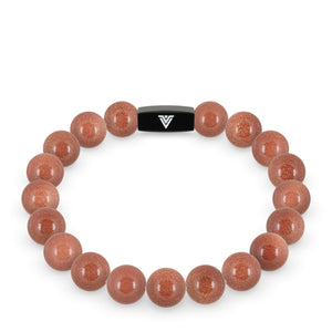 Front view of a 10mm Red Goldstone crystal beaded stretch bracelet with black stainless steel logo bead made by Voltlin
