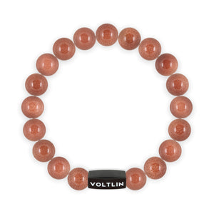 Top view of a 10mm Red Red Goldstone crystal beaded stretch bracelet with black stainless steel logo bead made by Voltlin