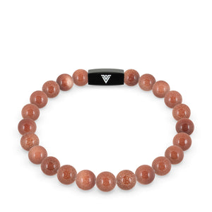 Front view of an 8mm Red Goldstone crystal beaded stretch bracelet with black stainless steel logo bead made by Voltlin
