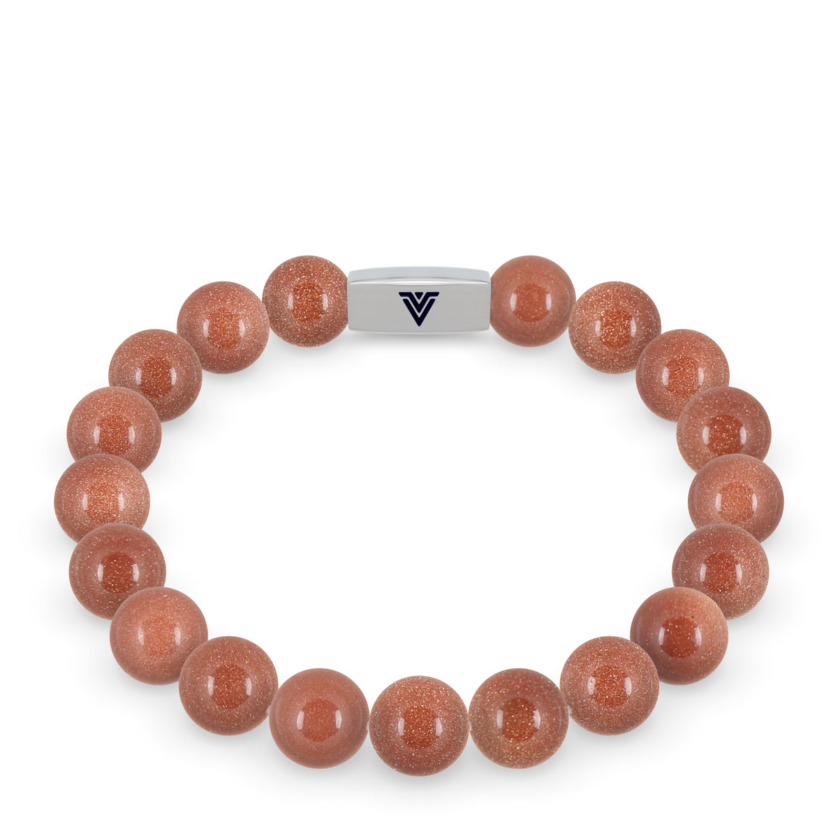 Front view of a 10mm Red Goldstone beaded stretch bracelet with silver stainless steel logo bead made by Voltlin