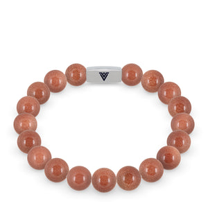Front view of a 10mm Red Goldstone beaded stretch bracelet with silver stainless steel logo bead made by Voltlin